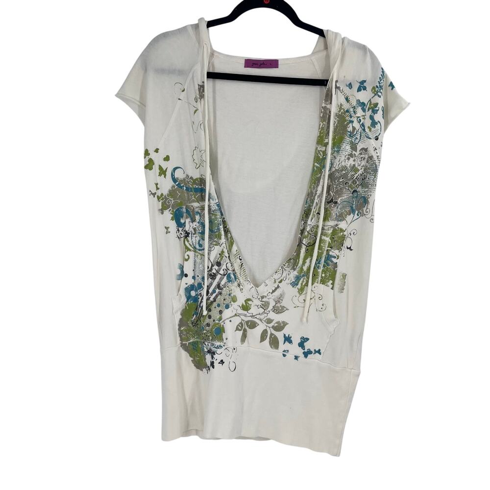 Joomi Joolz Y2K Vintage Hooded Plunging Neckline Shortsleeved Top Green Cream Lg